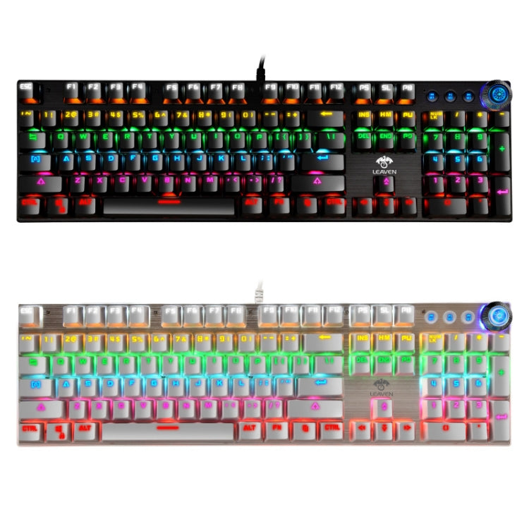 LEAVEN K990 Knob Version 104 Keys Office Computer Game Mechanical Green Axis Wired Keyboard, Cabel Length:1.8m, White, Black
