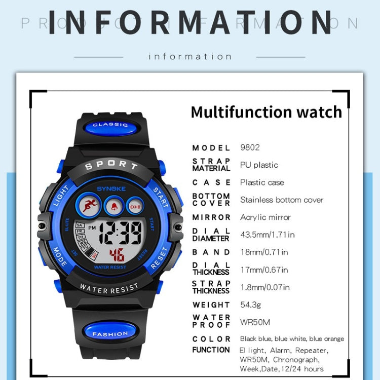 SYNOKE 9802 Children Sports Waterproof Digital Watch, Blue White, Blue Orange, Black Blue