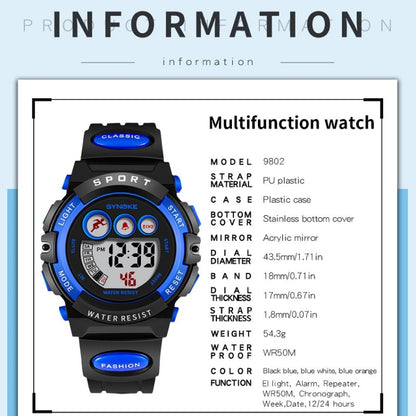 SYNOKE 9802 Children Sports Waterproof Digital Watch, Blue White, Blue Orange, Black Blue