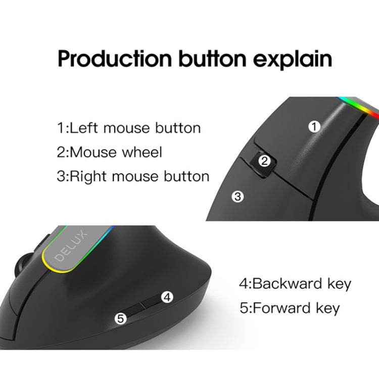 DELUX M618DB 6-Keys 1600 DPI RGB Vertical Wireless Bluetooth Dual-Mode Mouse, M618DB(Bluetooth Version)