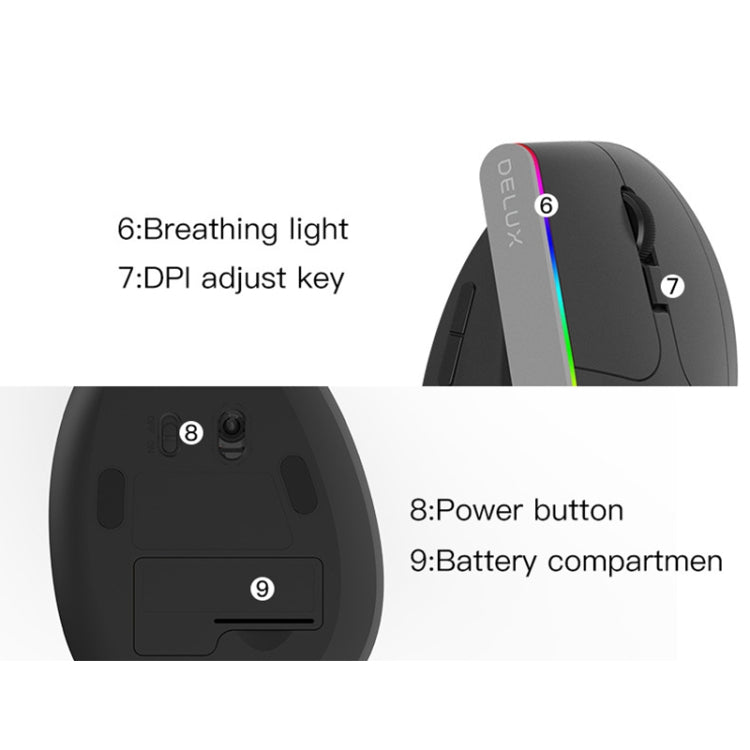 DELUX M618DB 6-Keys 1600 DPI RGB Vertical Wireless Bluetooth Dual-Mode Mouse, M618DB(Bluetooth Version)