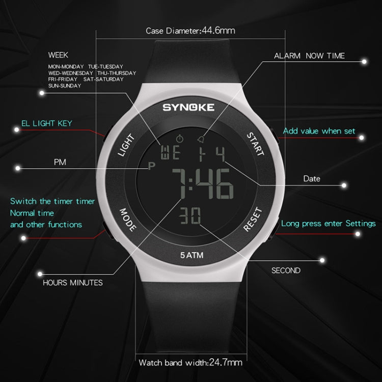 SYNOKE 9199 Student Waterproof Luminous LED Electronic Watch, Black White, Black, White