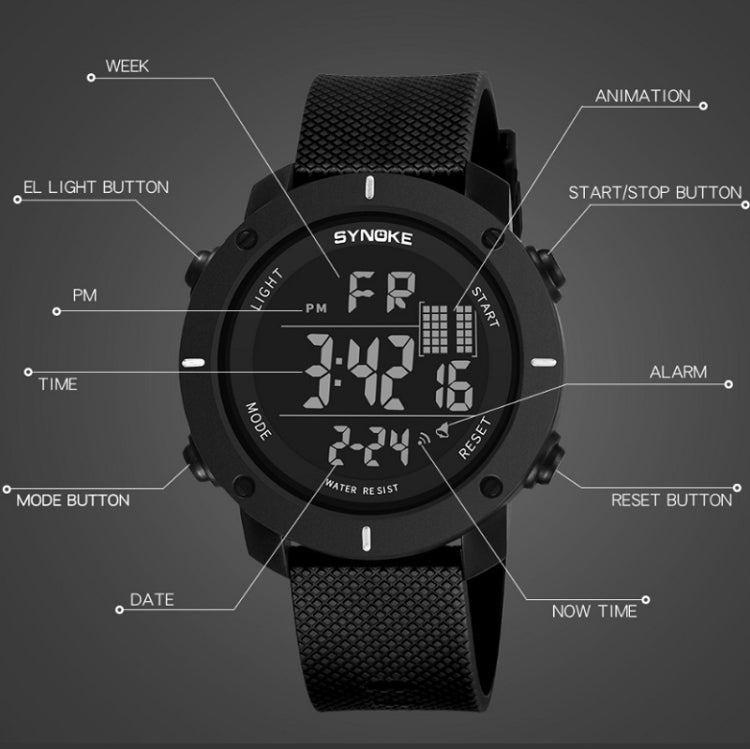 SYNOKE 9658 Student Outdoor Multi-Function Waterproof Large Dial Sports Electronic Watch, Black Silver, Military Green, Gray, Black