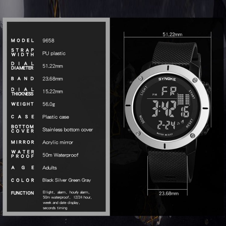 SYNOKE 9658 Student Outdoor Multi-Function Waterproof Large Dial Sports Electronic Watch, Black Silver, Military Green, Gray, Black