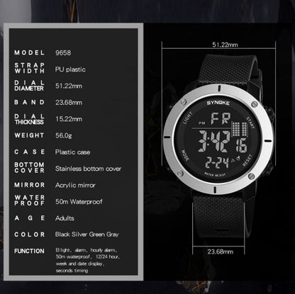SYNOKE 9658 Student Outdoor Multi-Function Waterproof Large Dial Sports Electronic Watch, Black Silver, Military Green, Gray, Black