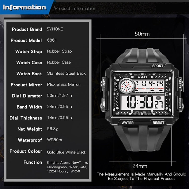 SYNOKE 6861 Outdoor Luminous Waterproof Multi-Function Square Large Screen Display Sports Electronic Watch, TBD0601628701E, TBD0601628701B, TBD0601628701C, TBD0601628701D, TBD0601628701A