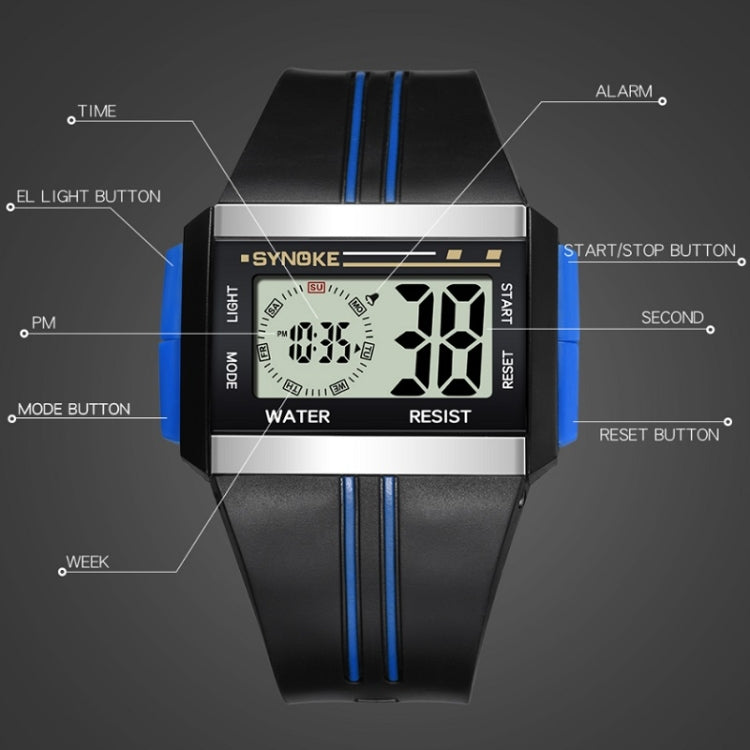 SYNOKE 9222 Men Large Screen Square Multi-Function Waterproof Luminous Electronic Watch, Red, Blue, Black