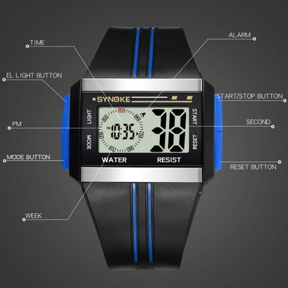 SYNOKE 9222 Men Large Screen Square Multi-Function Waterproof Luminous Electronic Watch, Red, Blue, Black