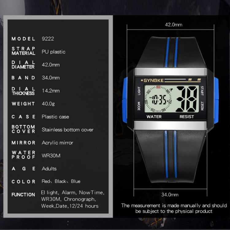 SYNOKE 9222 Men Large Screen Square Multi-Function Waterproof Luminous Electronic Watch, Red, Blue, Black
