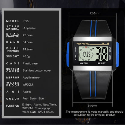 SYNOKE 9222 Men Large Screen Square Multi-Function Waterproof Luminous Electronic Watch, Red, Blue, Black