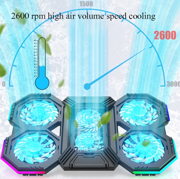 F12 6 Fans USB Semiconductor Computer Radiator Notebook Stand with Phone Holder, Blue Light, Blue Light + RGB Light