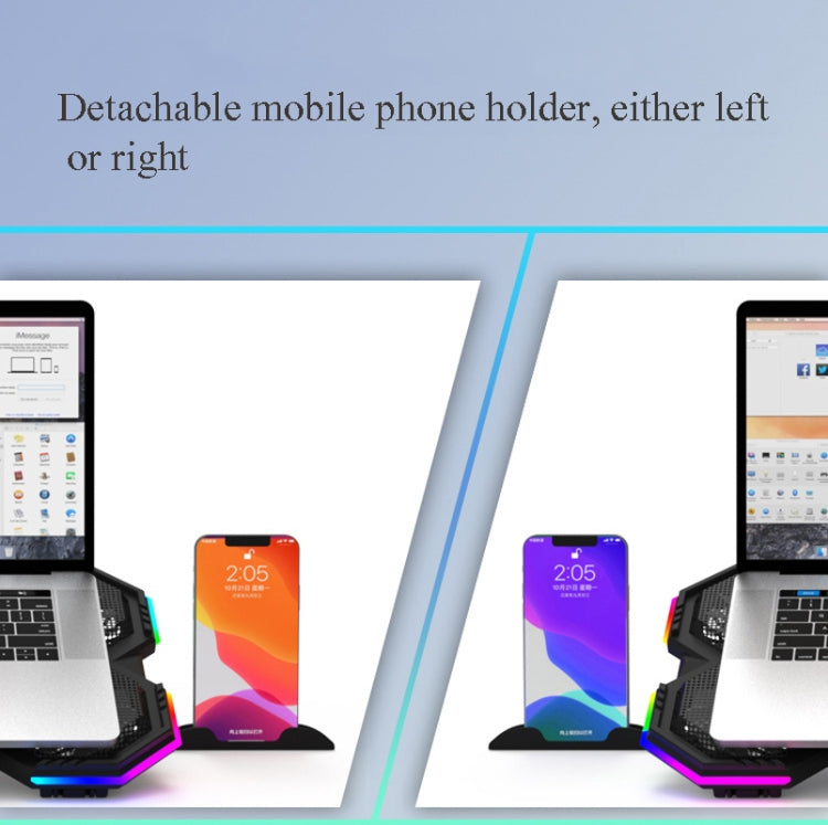 F12 6 Fans USB Semiconductor Computer Radiator Notebook Stand with Phone Holder, Blue Light, Blue Light + RGB Light
