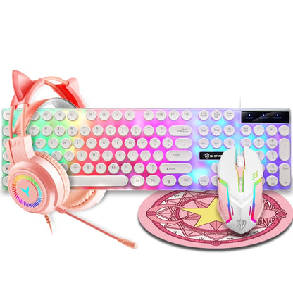 Shipadoo LD-122 4 in 1 Girly Glowing Keyboard + Mouse + Earphone + Mouse Pad Set, Pink Punk, Black Punk