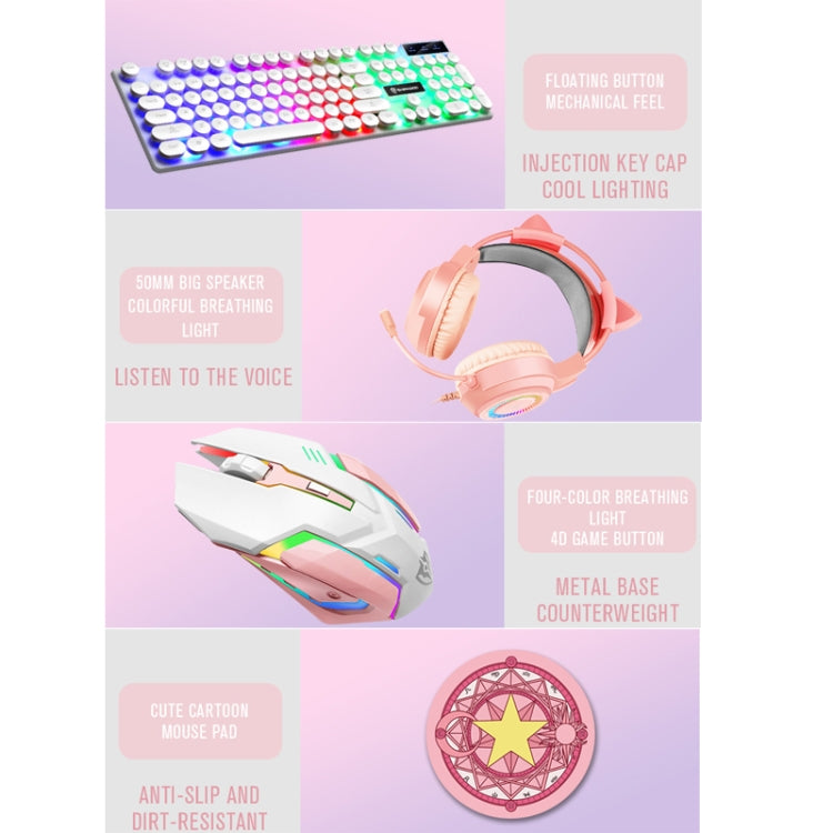Shipadoo LD-122 4 in 1 Girly Glowing Keyboard + Mouse + Earphone + Mouse Pad Set, Pink Punk, Black Punk