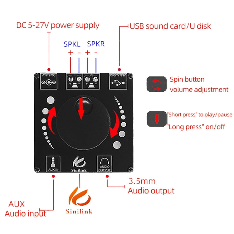 Sinilink AP50H HiFi 2.0 Stereo Bluetooth Digital TPA3116D2 Power Amplifier Board, AP50H