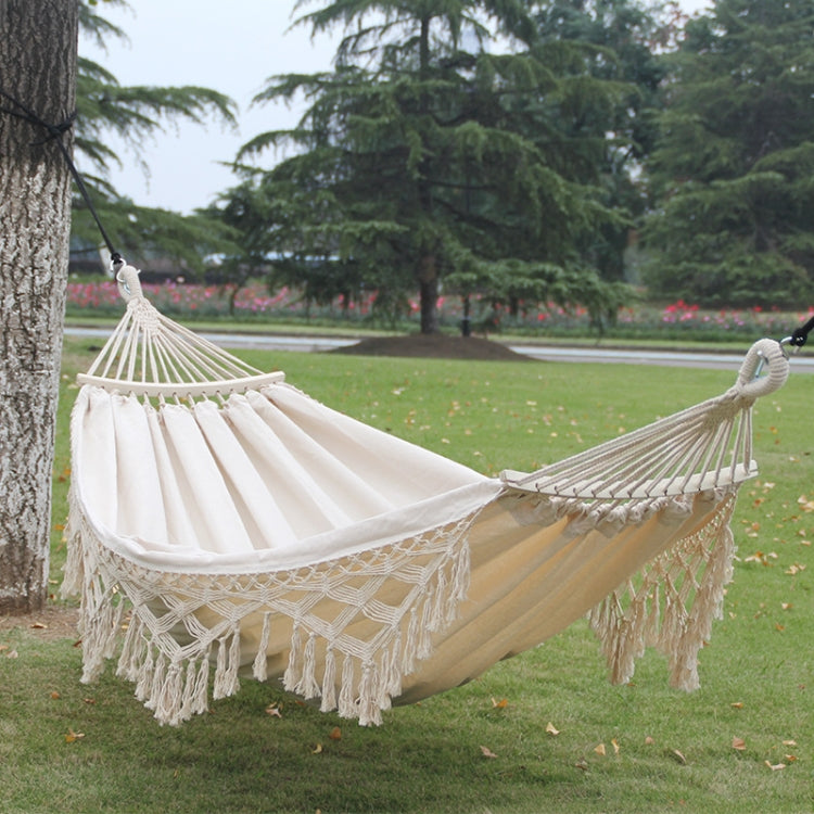200x150cm Double Outdoor Camping Tassel Canvas Hammock with Stick, Colorful Stripes, Pink Stripes, White