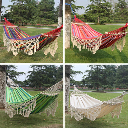 200x150cm Double Outdoor Camping Tassel Canvas Hammock with Stick, Colorful Stripes, Pink Stripes, White