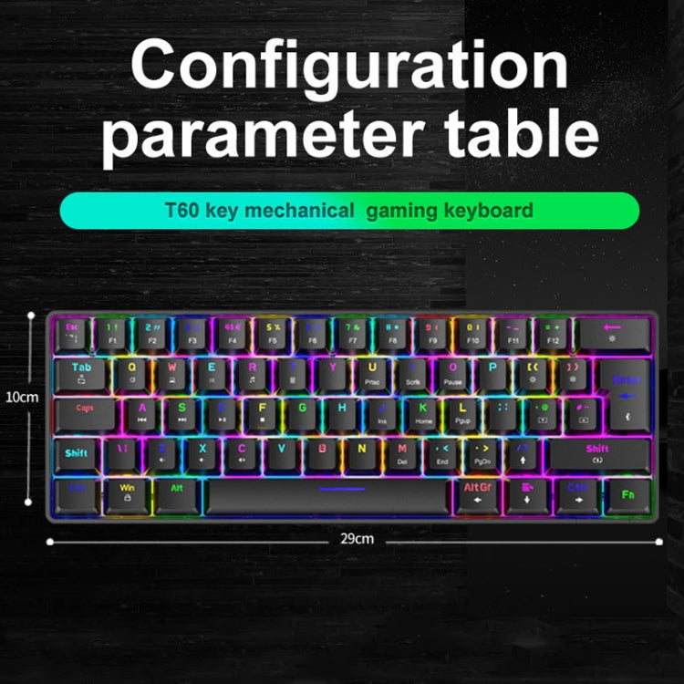 ZIYOU LANG T60 62-Key RGB Luminous Mechanical Wired Keyboard, Cable Length:1.5m, T60 Black Green Shaft, T60 Black Tea Shaft, T60 White Green Shaft, T60 White Red Shaft, T60 Blue Green Shaft, T60 Blue Red Shaft