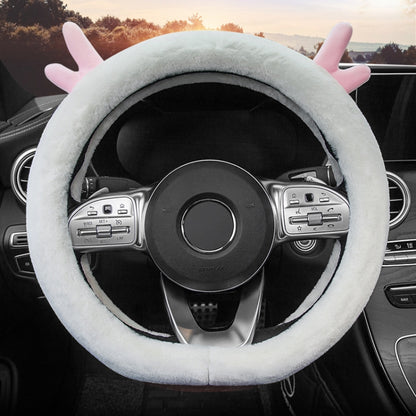 Antler Thick Plush Steering Wheel Cover, Style:, O Type (Pink), O Type (Gray), O Type (Black), O Type (Camel), O Type (White), D Type (Pink), D Type (Gray), D Type (Black), D Type (Camel), D Type (White)