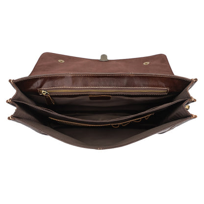 Men Retro Cowhide Leather Briefcase Multifunctional Laptop Bag for 15.6 Inch Computer