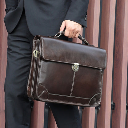 Men Retro Cowhide Leather Briefcase Multifunctional Laptop Bag for 15.6 Inch Computer