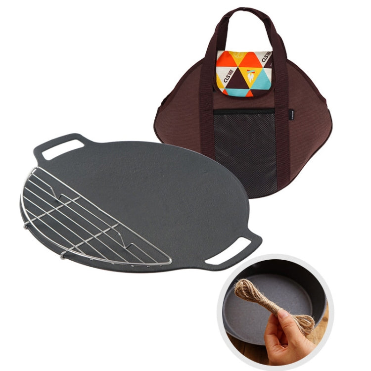 Outdoor Camping BBQ Cast Iron Grill Pan,Style:, Baking Pan Only, Baking Pan+Hemp Rope, Baking Pan+Hemp Rope+Storage Bag, Baking Pan+Net+Hemp Rope, Baking Pan+Net+Hemp Rope+Storage Bag