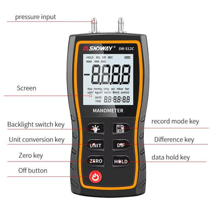 Digital Handheld Differential Pressure Gauge Negative Pressure Tester, SNDWAY SW-512A, SNDWAY SW-512B, SNDWAY SW-512C