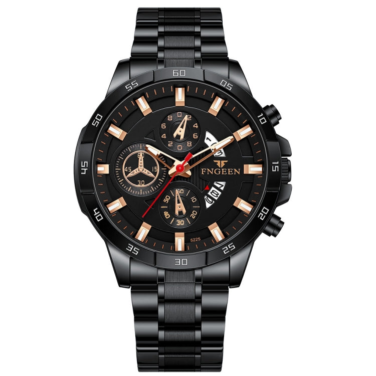 FNGEEN 5225 Multifunctional Waterproof Quartz Watch, Black Steel Black Shell Black Surface