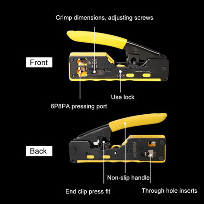 6P8P Seven-type Through-hole Crystal Head  Wire Stripping Tool Network Cable Pliers, Yellow, Black