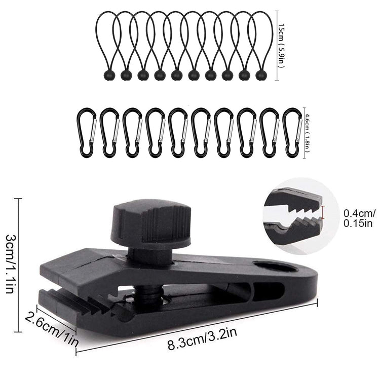Outdoor Camping Windproof Canopy Fixed Tent Clip Rope Buckle Quick Hanging Set, 10 Clips+10 Ropes, 10 Clips+10 Black Ropes, 10 Clips+10 Black Ropes+10 Silver Buckles, 10 Clips+10 Elastic Ropes+10 Black Buckles