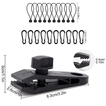 Outdoor Camping Windproof Canopy Fixed Tent Clip Rope Buckle Quick Hanging Set, 10 Clips+10 Ropes, 10 Clips+10 Black Ropes, 10 Clips+10 Black Ropes+10 Silver Buckles, 10 Clips+10 Elastic Ropes+10 Black Buckles
