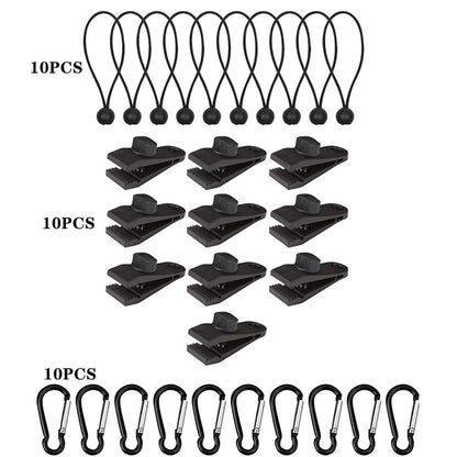 Outdoor Camping Windproof Canopy Fixed Tent Clip Rope Buckle Quick Hanging Set, 10 Clips+10 Ropes, 10 Clips+10 Black Ropes, 10 Clips+10 Black Ropes+10 Silver Buckles, 10 Clips+10 Elastic Ropes+10 Black Buckles