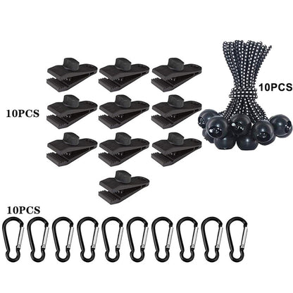 Outdoor Camping Windproof Canopy Fixed Tent Clip Rope Buckle Quick Hanging Set, 10 Clips+10 Ropes, 10 Clips+10 Black Ropes, 10 Clips+10 Black Ropes+10 Silver Buckles, 10 Clips+10 Elastic Ropes+10 Black Buckles
