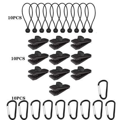 Outdoor Camping Windproof Canopy Fixed Tent Clip Rope Buckle Quick Hanging Set, 10 Clips+10 Ropes, 10 Clips+10 Black Ropes, 10 Clips+10 Black Ropes+10 Silver Buckles, 10 Clips+10 Elastic Ropes+10 Black Buckles