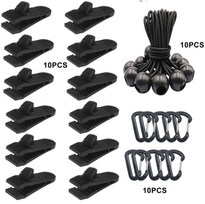 Outdoor Camping Windproof Canopy Fixed Tent Clip Rope Buckle Quick Hanging Set, 10 Clips+10 Ropes, 10 Clips+10 Black Ropes, 10 Clips+10 Black Ropes+10 Silver Buckles, 10 Clips+10 Elastic Ropes+10 Black Buckles