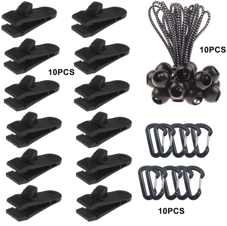 Outdoor Camping Windproof Canopy Fixed Tent Clip Rope Buckle Quick Hanging Set, 10 Clips+10 Ropes, 10 Clips+10 Black Ropes, 10 Clips+10 Black Ropes+10 Silver Buckles, 10 Clips+10 Elastic Ropes+10 Black Buckles