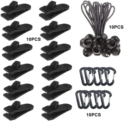Outdoor Camping Windproof Canopy Fixed Tent Clip Rope Buckle Quick Hanging Set, 10 Clips+10 Ropes, 10 Clips+10 Black Ropes, 10 Clips+10 Black Ropes+10 Silver Buckles, 10 Clips+10 Elastic Ropes+10 Black Buckles