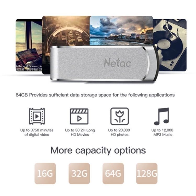 Netac U388 High Speed USB3.0 Metal Rotating Car Computer U Disk, 32GB, 64GB, 128GB