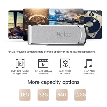Netac U388 High Speed USB3.0 Metal Rotating Car Computer U Disk, 32GB, 64GB, 128GB