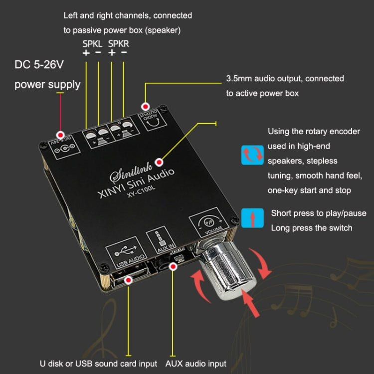 XY-C100L Stereo Stepless Tuning Bluetooth Digital Power Amplifier Board, XY-C100L