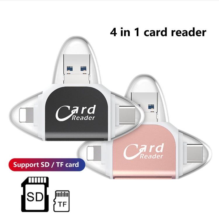 R015 USB2.0 & Micro USB+8Pin+Type-C 4 In 1 Card Reader Supports SD/TF Card, R015 Black, R015 Rose Gold