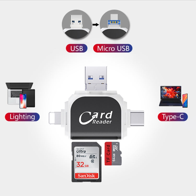 R015 USB2.0 & Micro USB+8Pin+Type-C 4 In 1 Card Reader Supports SD/TF Card, R015 Black, R015 Rose Gold