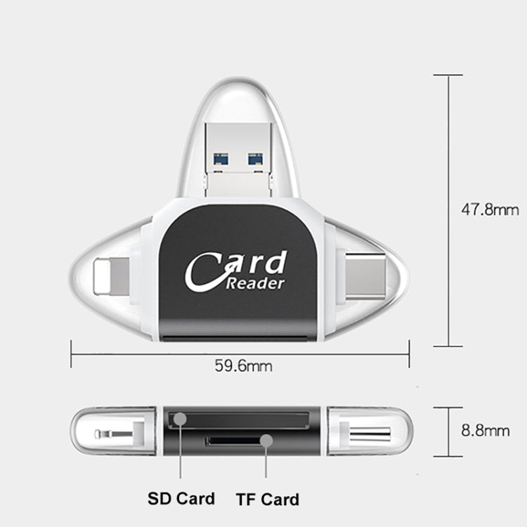 R015 USB2.0 & Micro USB+8Pin+Type-C 4 In 1 Card Reader Supports SD/TF Card, R015 Black, R015 Rose Gold