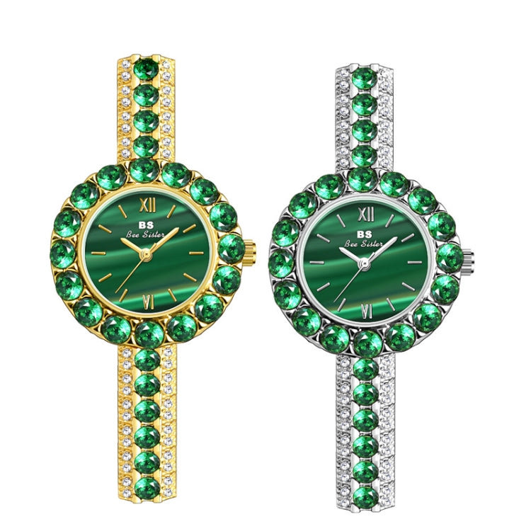 BS Bee Sister FA1698 Ladies Simple Temperament Retro Malachite Texture Small Green Watch, Gold, Silver