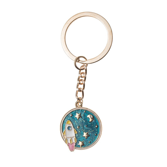 5 PCS Drip Oil Round Keychain Key Ring Bag Pendant, Planet Rocket, Cosmic Planet, Astronauts, Snow Mountain, Blue Planet, Astronauts Alloy, Unicorn
