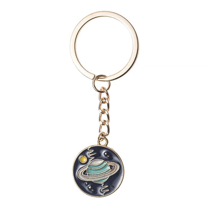 5 PCS Drip Oil Round Keychain Key Ring Bag Pendant, Planet Rocket, Cosmic Planet, Astronauts, Snow Mountain, Blue Planet, Astronauts Alloy, Unicorn