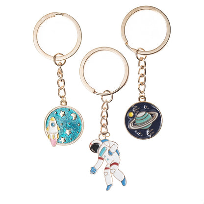 5 PCS Drip Oil Round Keychain Key Ring Bag Pendant, Planet Rocket, Cosmic Planet, Astronauts, Snow Mountain, Blue Planet, Astronauts Alloy, Unicorn