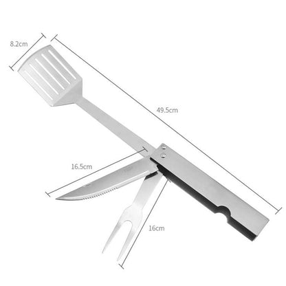 3 In 1 Stainless Steel Frying Tongs Knife Fork Foldable Portable BBQ Tool Combination
