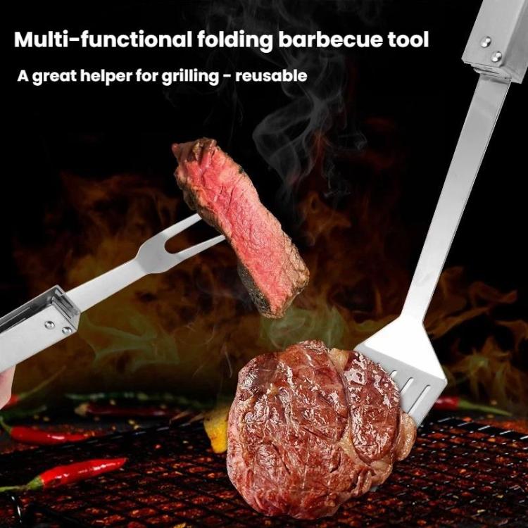 3 In 1 Stainless Steel Frying Tongs Knife Fork Foldable Portable BBQ Tool Combination