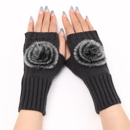 Autumn And Winter Women Fingerless Fur Ball Gloves Knitted Wool Warm Sleeves, Black, White, Dark Gray, Light Grey, Coffee, Wine Red, Khaki, Cream Color